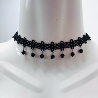 Black Floral Choker with Dangly Beads Necklace 