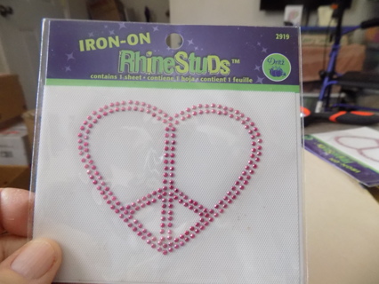 NIP pink iron on Rhine Stone studs heart shape peace sign # 1