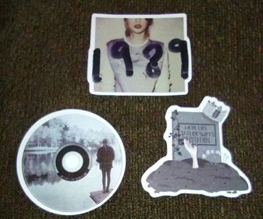 3 laptop computer Taylor Swift 1989 stickers, Evermore Lp Record