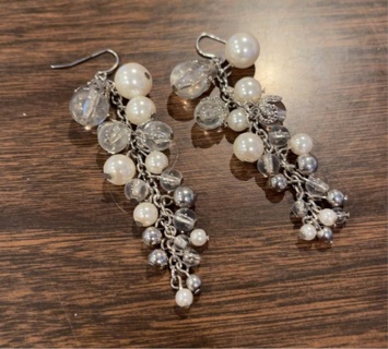 Vintage Faux Pearl & Silver Bead Pierced Dangle Earrings