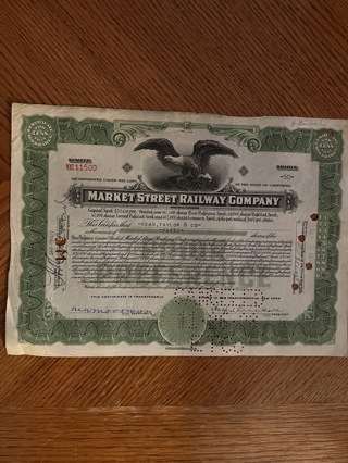 Market Street Railway stock certificate 1927 San Francsico California