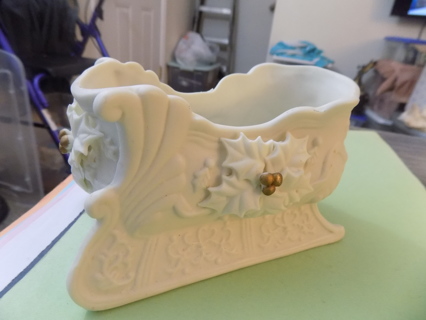 White bisque porcelain Santa's sleigh planter candy dish