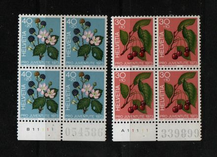 Switzerland semi postal issues - block of 4 MNH - both with sheet numbers at the margin