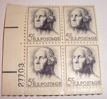 Scott #1213, George Washington, Pane of 4 Useable 5¢ US Postage Stamps