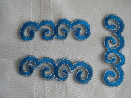 Iron on embroidered blue&silver patches, 3 pcs, new out of package. sewing, cloths decor, other use