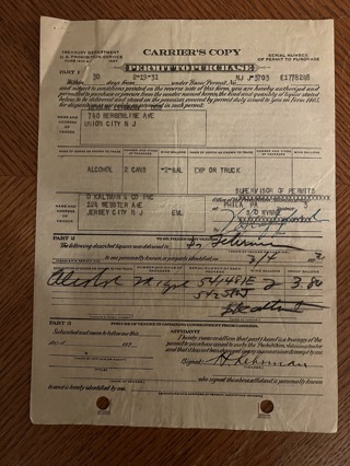 1931 Prohibition Era Permit to Purchase 2 Cans of Alcohol Carrier's Form