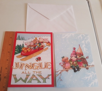 2 Mary Engelbreit Christmas Cards (w/Envelopes) + BONUS Stickers