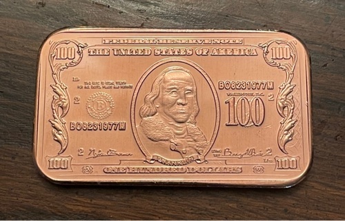 1 Ounce .999 Fine Copper Bar Benjamin Franklin $100 Dollar Bill 