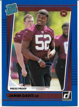 2021 DONRUSS JAMIN DAVIS BLUE PRESS PROOF ROOKIE CARD