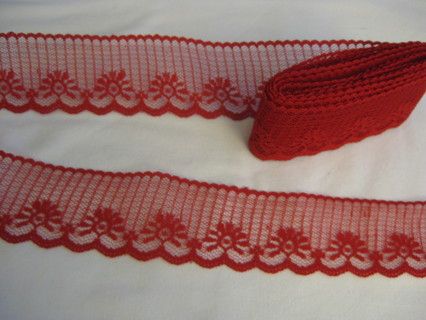 Red lace ribbon, 1.5" wide x 48", new off spool, sewing, decorating, crafting