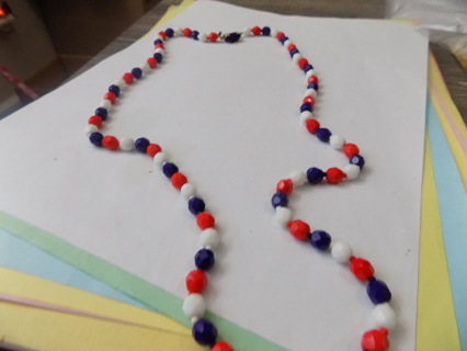 Vintage red, white and blue bead Necklace with blue jewel catch