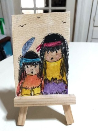 ACEO Original, Watercolor Painting 2-1/2"X 3/1/2" Indian Children by Artist Marykay Bond