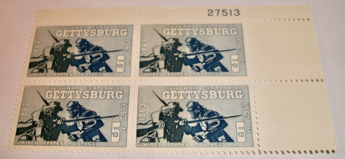 Scott #1180, Gettysburg, Pane of 4 Useable 5¢ US Postage Stamps. Has Original Gum.