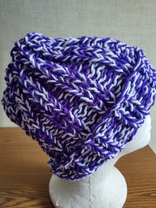 Hand Knit Purple and White Hat 