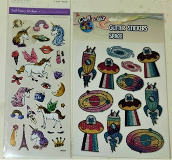 2 Sheets Foil Fancy & Glitter stickers - Unicorn and Space