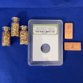Meteorite, gold flakes, copper 10 grams each