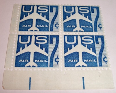 Scott #C-51, US Airmail, Pane of 4 Useable 7¢ US Postage Stamps. Has Original Gum.