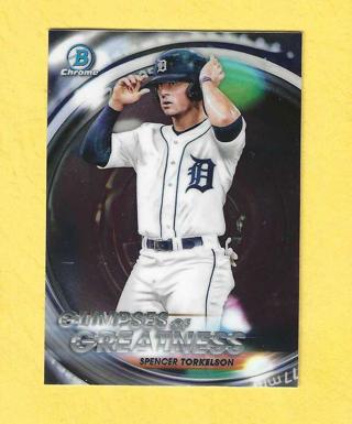 2020 Bowman Chrome Spencer Torkelson Glimpses of Greatness + 22 Bowman Prospect Tigers Baseball card