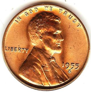 BU RED 1955-S LINCOLN WHEAT CENT From OBW