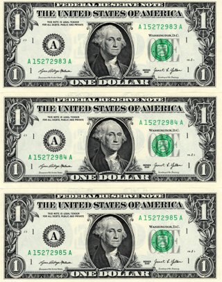 Set of Three Crisp Uncirculated One Dollar Bills with Consecutive Serial Numbers