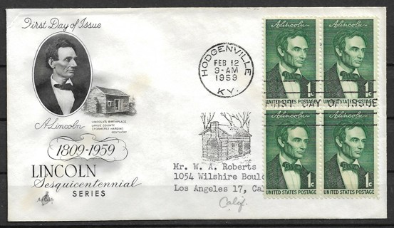 1959 Sc1113 1¢ Abe Lincoln block of 4 FDC