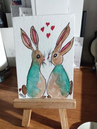 Original, Watercolor Painting " 2-1/2 X 3-1/2" ACEO Whimsical Rabbits by Artist Marykay Bond