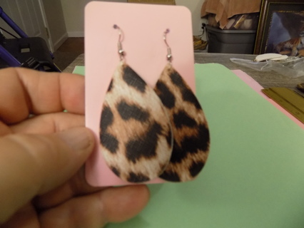 2 inch long teardrop shape cheetah print French hook earrings