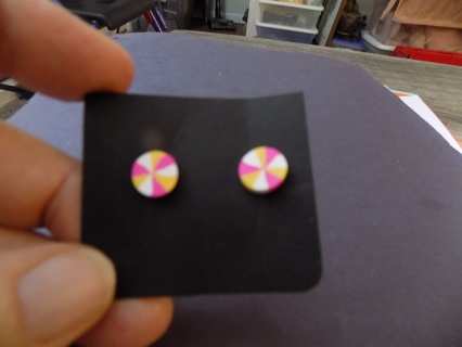 Pink, white, yellow peppermint candy shape post earrings