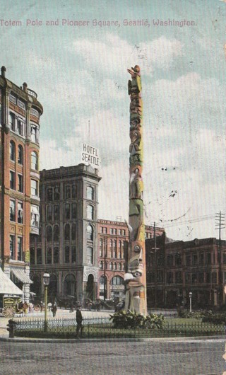 Vintage Used Postcard: (g): 1909 Totem Pole & Pioneer Square, Seattle, WA