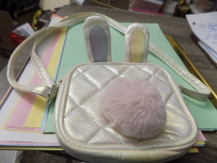 Child's white pearlescent purse shoulder bag with bunny ears and tail