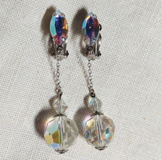Vintage LEWIS SEGAL Aurora Borealis Faceted Crystal Drop Clip On Earrings