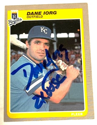 Autographed 1985 Fleer #204 DANE IORG Kansas City Royals-2 X World Series Champion Inscription