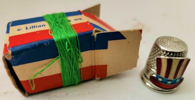 1976 Lillian Vernon Bicentennial metal thimble in box wrapped in green thread