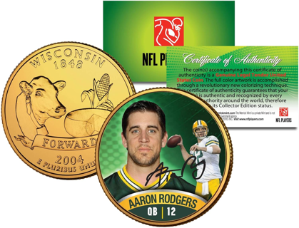 [NEW] NFL Green Bay Packers Aaron Rodgers Colorized Wisconsin Statehood Quarter 24K Gold Plated Coin