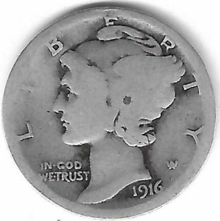 1916 Mercury Dime 90% Silver U.S. 10 Cent Coin