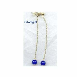 Long Gold Plate Chain Cobalt Blue Glass Ball Earrings 