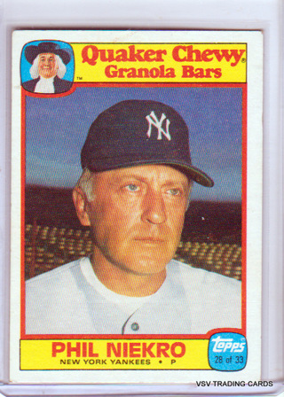 Phil Niekro, 1986 Topps Quaker Oats Baseball Card #28, New York Yankees,