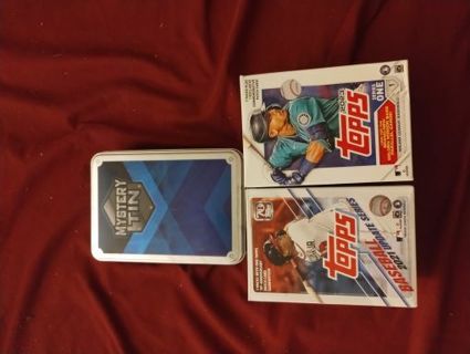 2 blaster boxes and tin filled with Baseball Cards