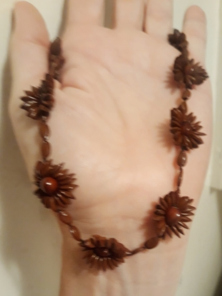 Long Necklace - Brown Flowers (made of apple seeds?)