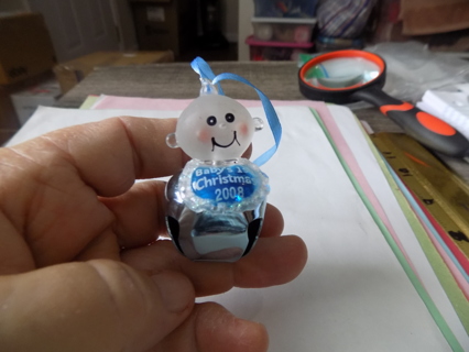 2008 Baby's 1st Christmas blue jingle bell ornament frosted baby's head on top