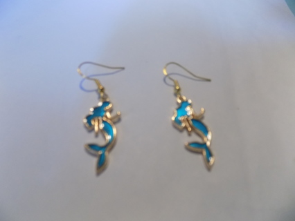 goldtone blue closoinne enamel mermaid earrings French Hook