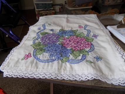 Vintage hand made counted cross stitch table runner Has purple, blue  flowers