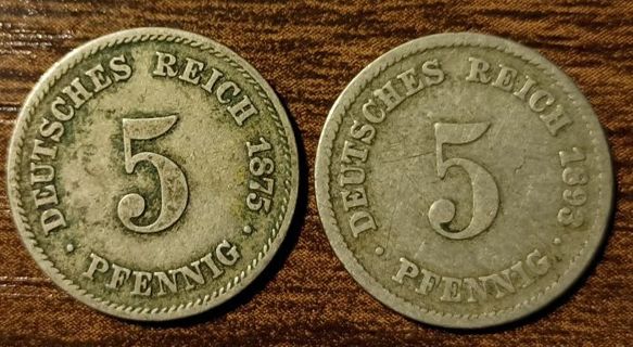 1875 & 1893 Germany 5 ReichPfennigs Full bold dates!