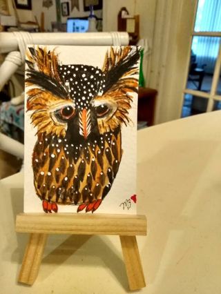 Original, Watercolor Painting 2-1/2"X 3/1/2" Whimsical Owl by Artist Marykay Bond