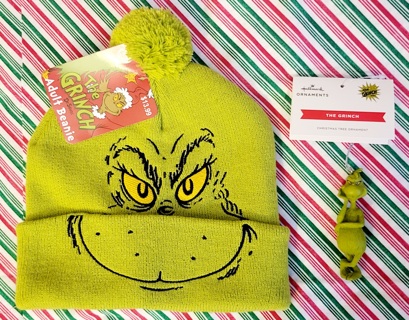 Christmas The Grinch Adult Beanie "ONE SIZE FITS ALL" & 1 Grinch Ornament"