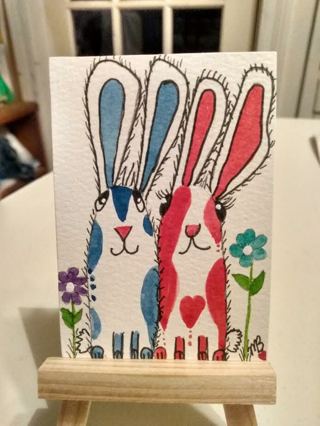 Original, Watercolor Painting 2-1/2"X 3/1/2" Whimsical Bunnies by Artist Marykay Bond