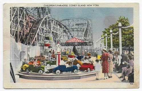 1946 CONEY ISLAND N. Y. CHILDREN’S PARADISE Kiddy Car Ride & Roller Coaster POSTCARD