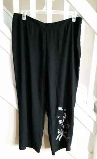 new=Women's Sz 16 WHO WHAT WEAR Black Loose Fitting Silver Embroidered Flower Pants-info below