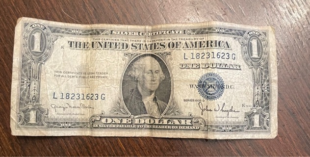 1935 D Series Blue One Dollar Silver Certificate Well Circulated Rare 88 years old 