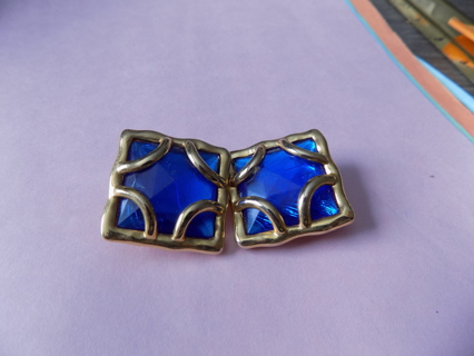 Vintage clip on Earrings Large blue faceted square jewel covered in metal braces 1 1/2 in